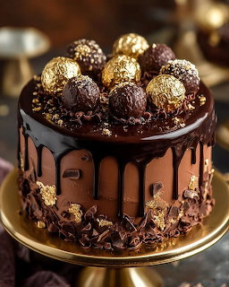 Chocolate drip cake topped with gold-decorated truffles and chocolate balls on a cake stand