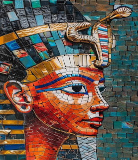 Colorful mosaic art of an Egyptian pharaoh face in profile with cobra headdress
