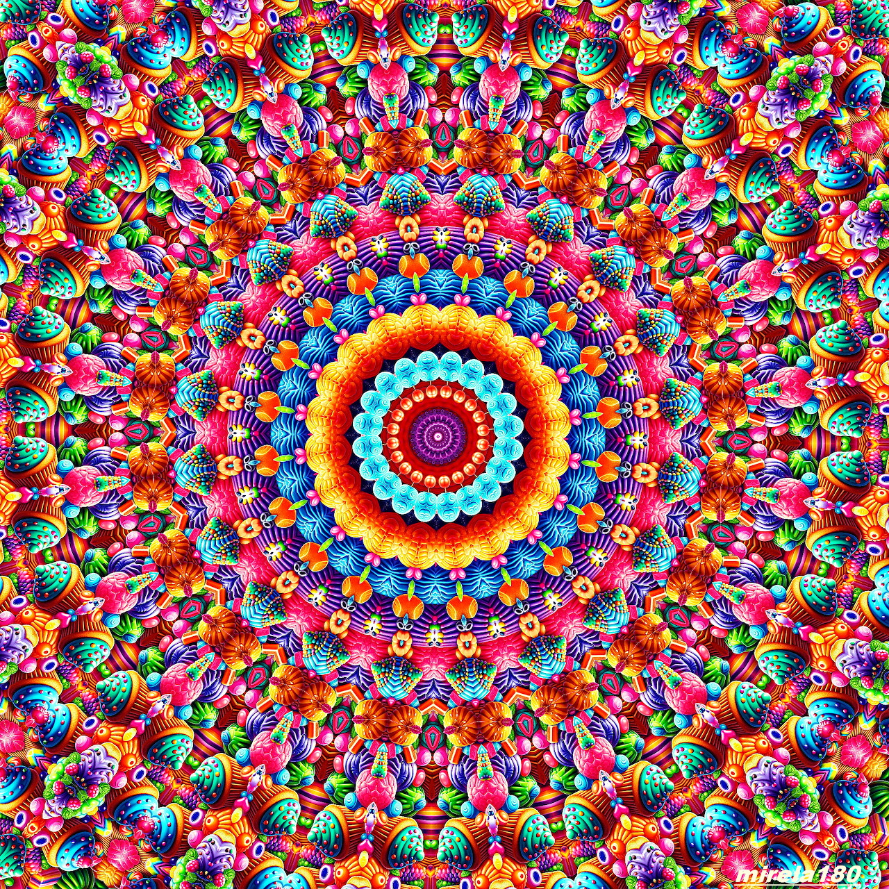 Colorful symmetrical mandala with intricate geometric and floral patterns in rainbow hues radiating from center