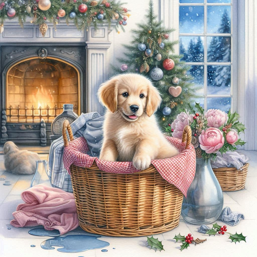 Golden retriever puppy sitting in wicker basket beside Christmas tree and fireplace in decorated room