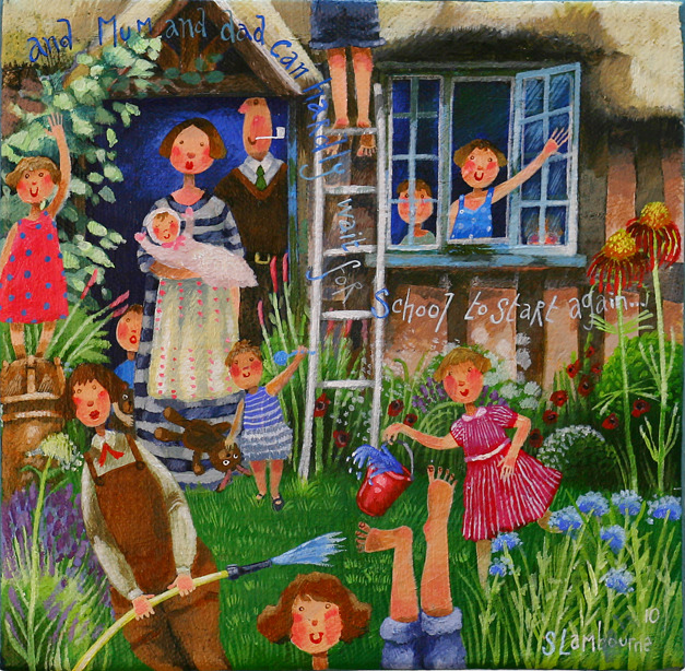 Illustration of children playing in a colorful cottage garden with flowers, ladder, and window