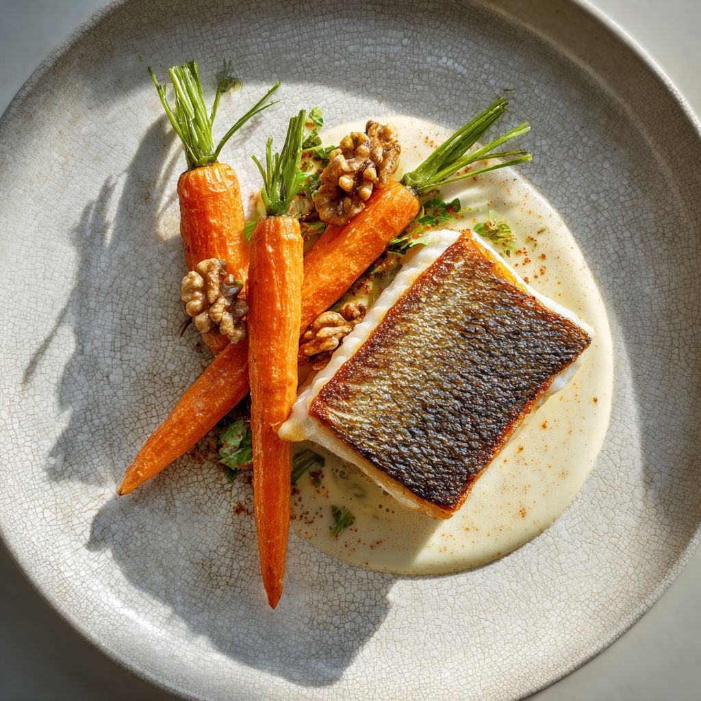 Seared fish fillet with golden carrots and cauliflower puree on gray plate