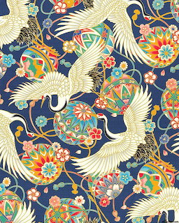 Japanese pattern with white cranes and colorful flowers on blue background