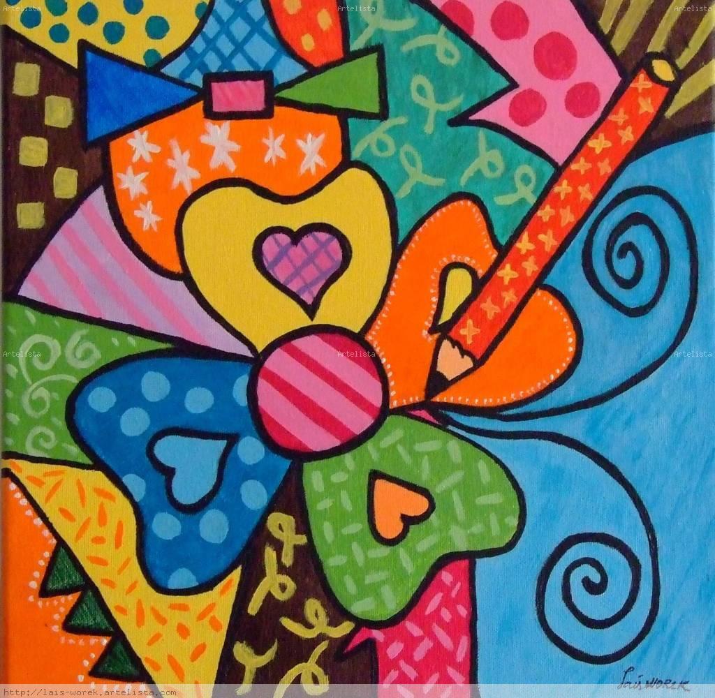 Abstract flower with colorful heart petals and geometric patterns in pop art style