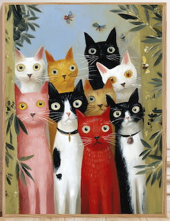 Nine folk art style cats in pink, orange, black, white, and red arranged in three rows with leaf borders and bees