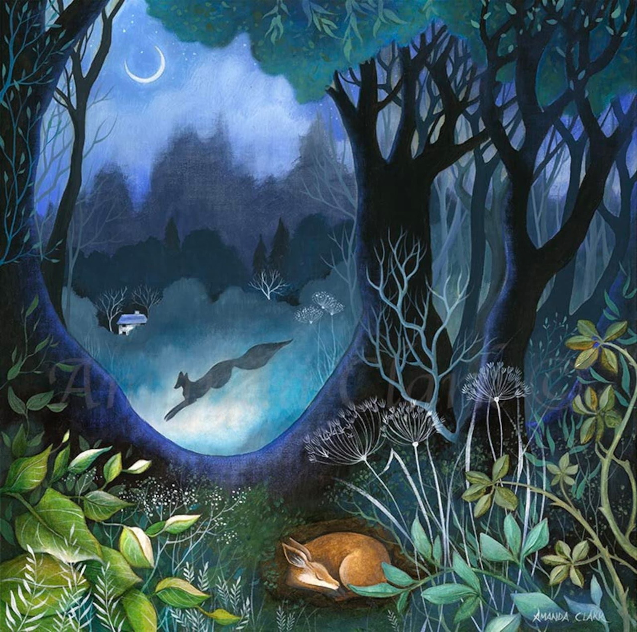 Painted night forest scene with two foxes, dark trees, mist, and a crescent moon