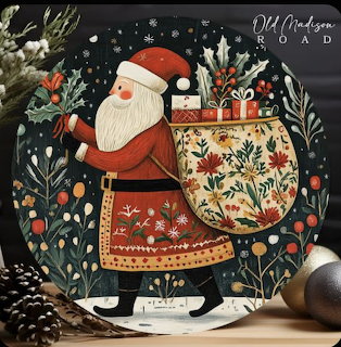 Folk art illustration of Santa carrying a floral sack of gifts in a snowy winter scene