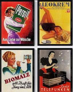 Collage of four vintage German advertisements: Persil laundry, Leokrem, Biomalz malt drink, and Telefunken radio.
