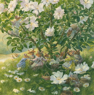 Painting of children in a garden under white rose bushes with daisies in the grass