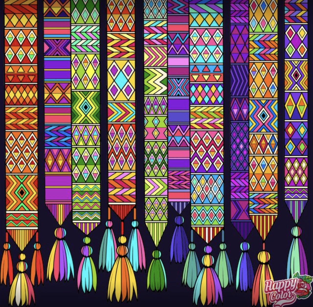 Colorful woven textile strips with geometric patterns and tassels hanging vertically