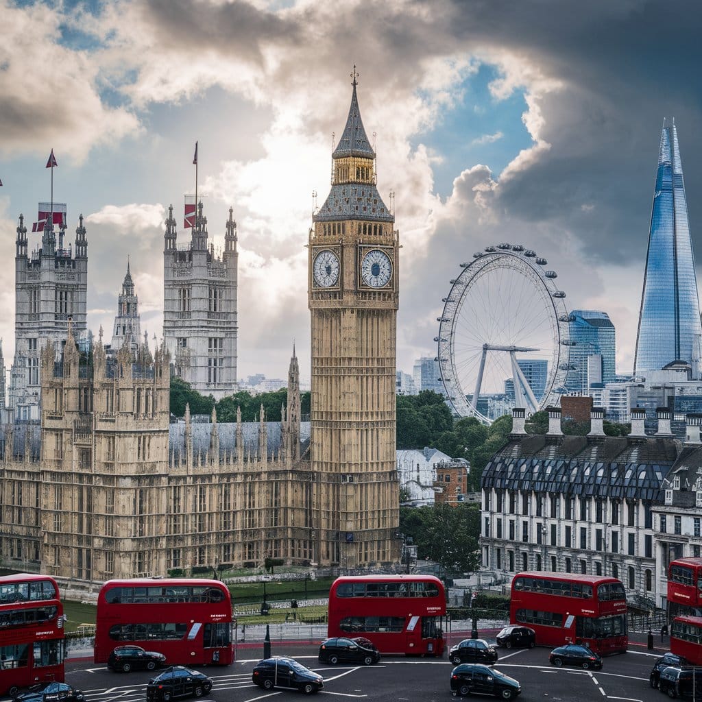 London skyline with Big Ben, Westminster, the London Eye, the Shard, and red double-decker buses