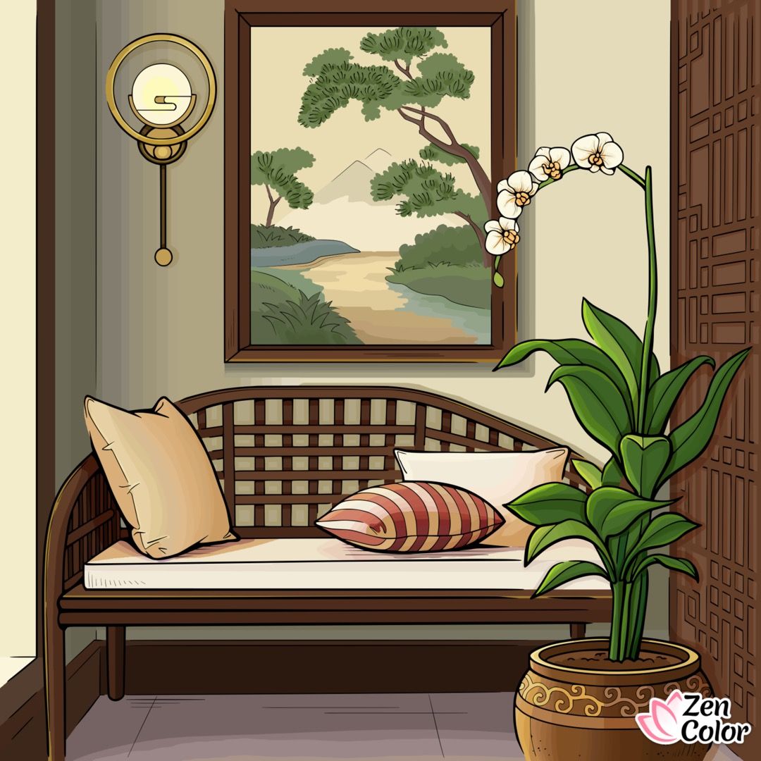 Cozy living room corner with wooden bench, cushions, framed landscape art, lamp, and orchid plant