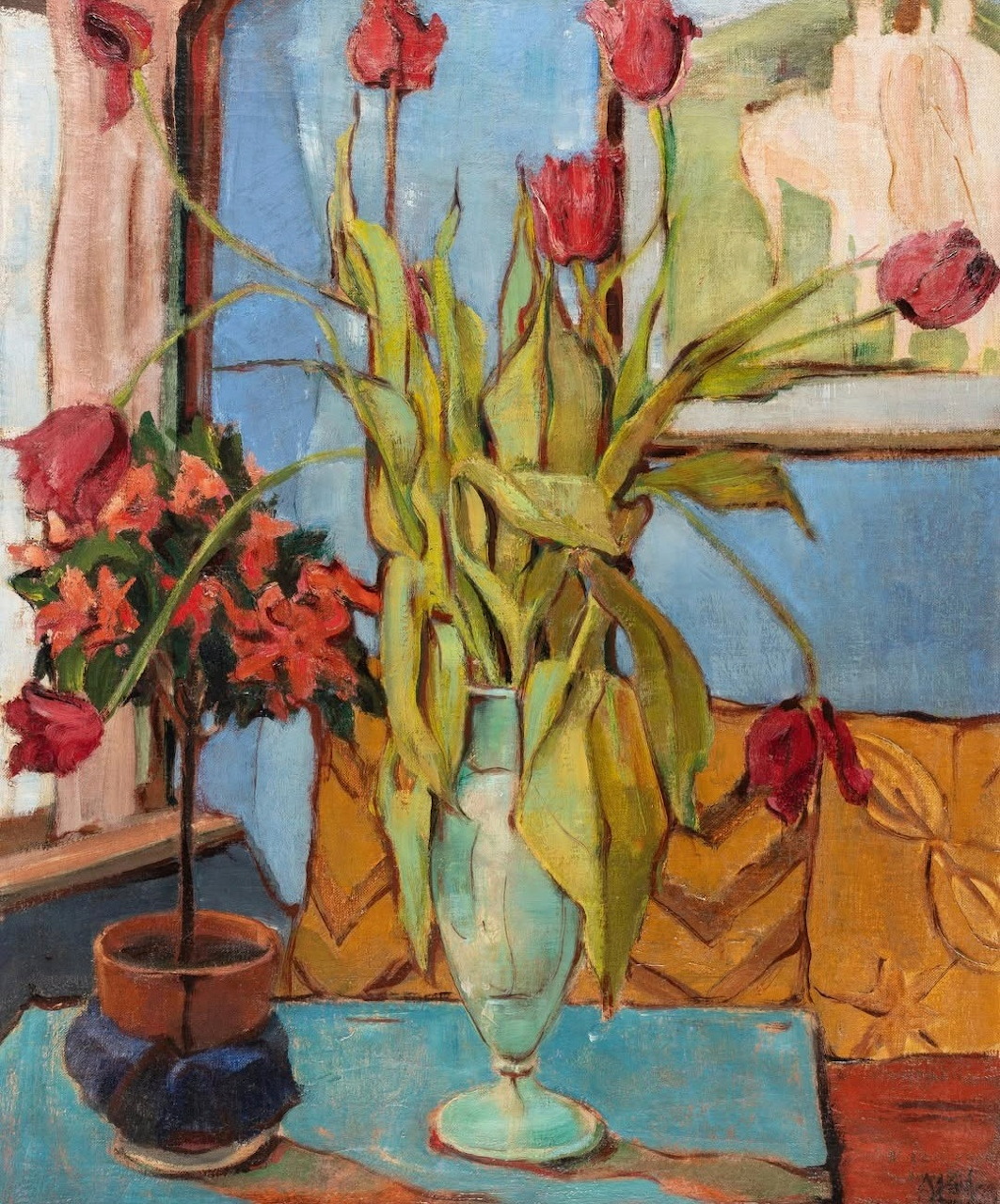 Painting of red tulips in a glass vase on a table beside a potted flowering plant