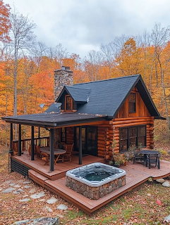 Log cabin with hot tub on deck in autumn forest with orange leaves