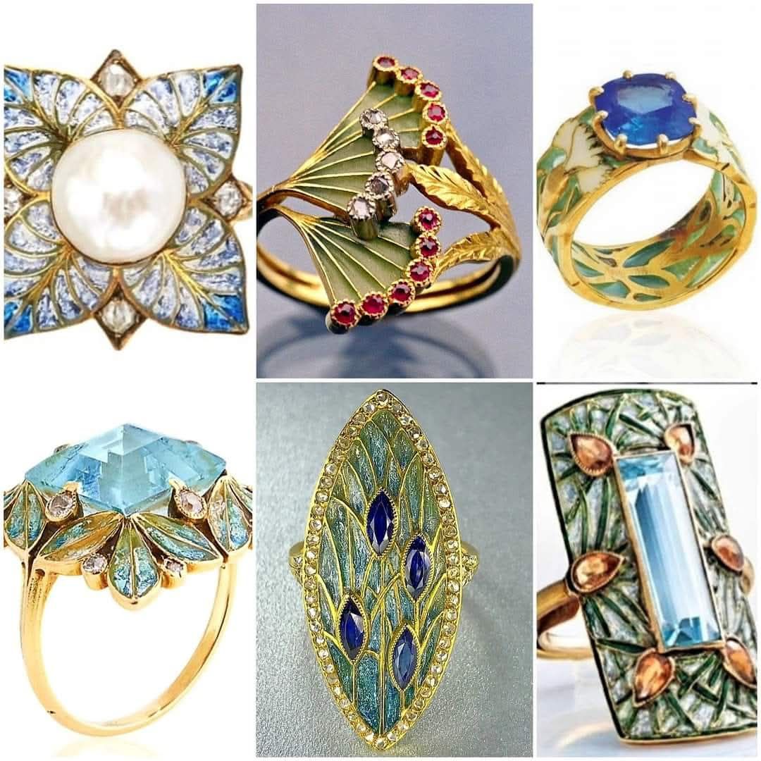 Six ornate Art Nouveau rings with gemstones, enamel, and floral metalwork designs displayed in grid layout