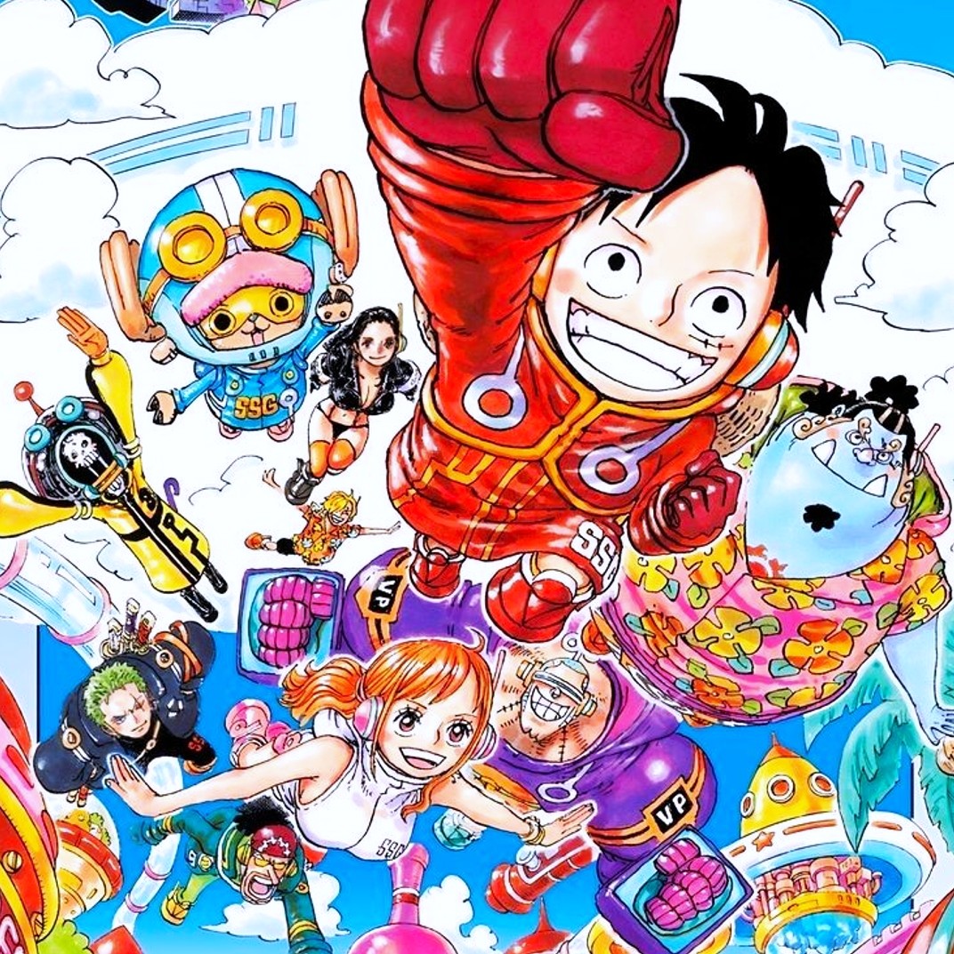 Colorful ONE PIECE anime character collage with chibi-style illustrations in dynamic poses