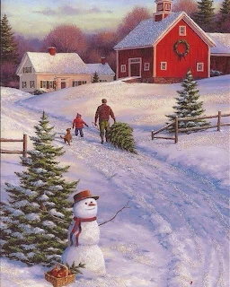Winter farm scene with red barn, snowman, and people on snowy hill at sunset