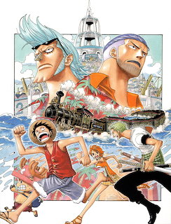 One Piece anime characters collage with Water 7 city and sea train