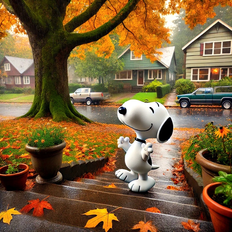 White cartoon dog sits on sidewalk with autumn leaves and orange tree in suburban neighborhood