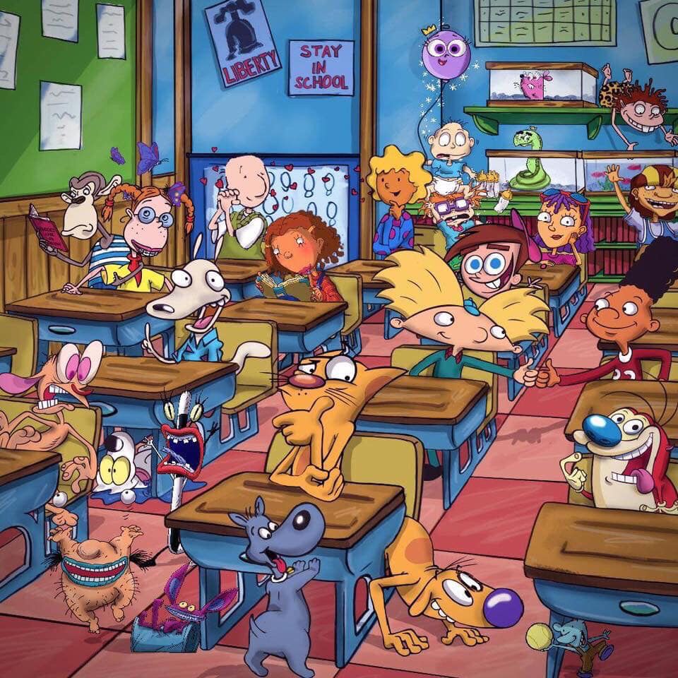 Busy cartoon classroom with many colorful animated students and animals scattered around desks