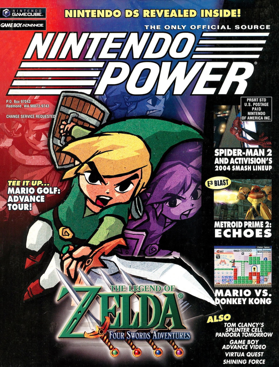 Nintendo Power magazine cover showing Zelda Four Swords Adventures with Link and a purple character