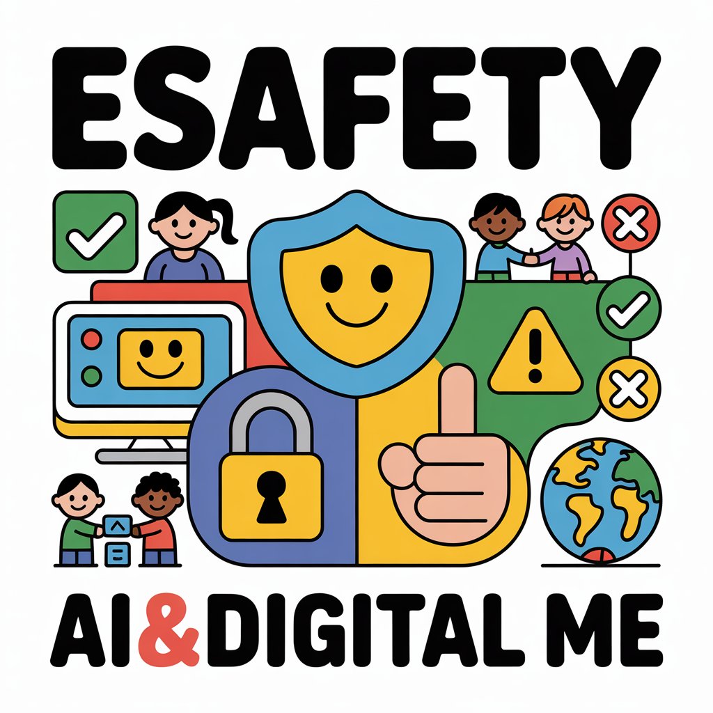Colorful e-safety poster with children, shield, padlock, computer, warning sign, hand, and globe