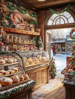 Christmas bakery interior with glass display case full of pastries and festive holiday decorations