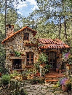Rustic stone cottage with red tile roof and wooden deck in forest setting
