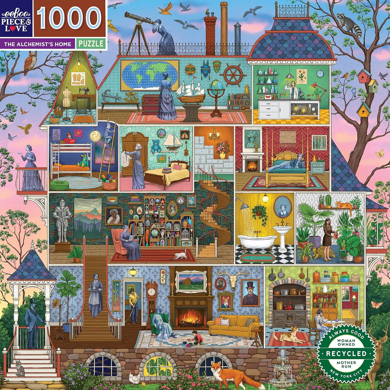 Colorful cross-section illustration of a Victorian dollhouse with multiple decorated rooms and outdoor garden scenes