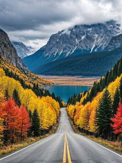 Road through vibrant fall foliage toward mountain lake