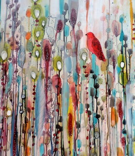 Colorful abstract painting with a red bird on tall stems surrounded by dripping paint and organic shapes