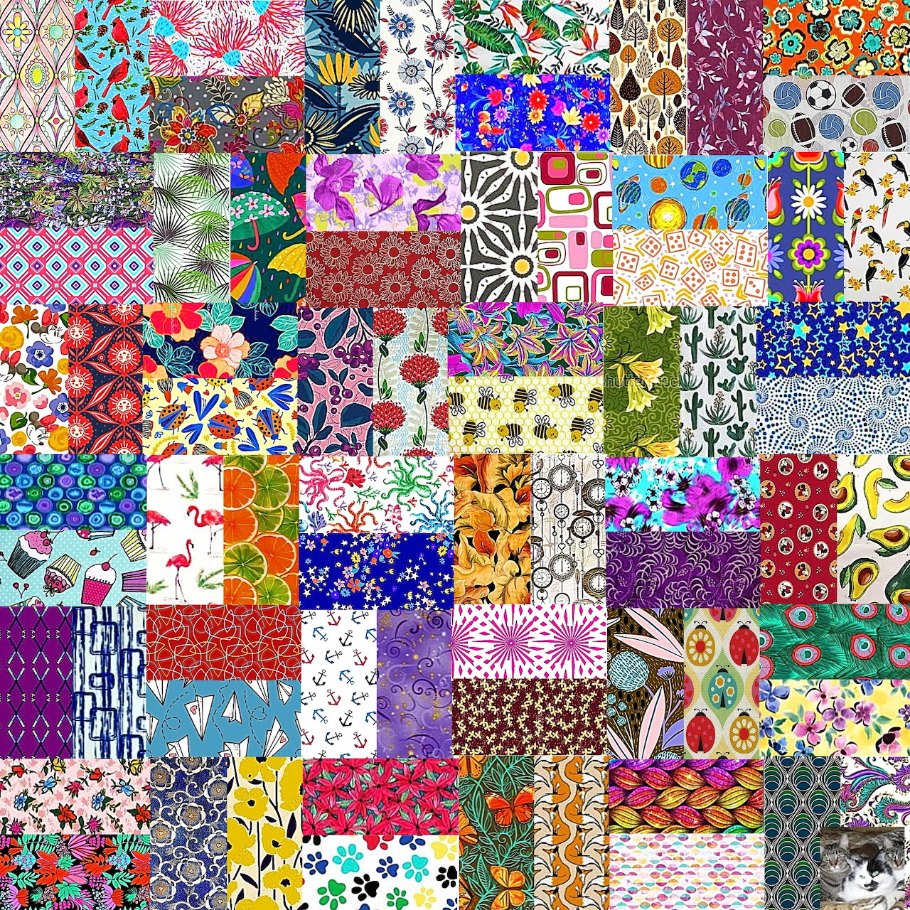 Colorful patchwork grid of various fabric patterns including flowers, geometric shapes, and abstract designs