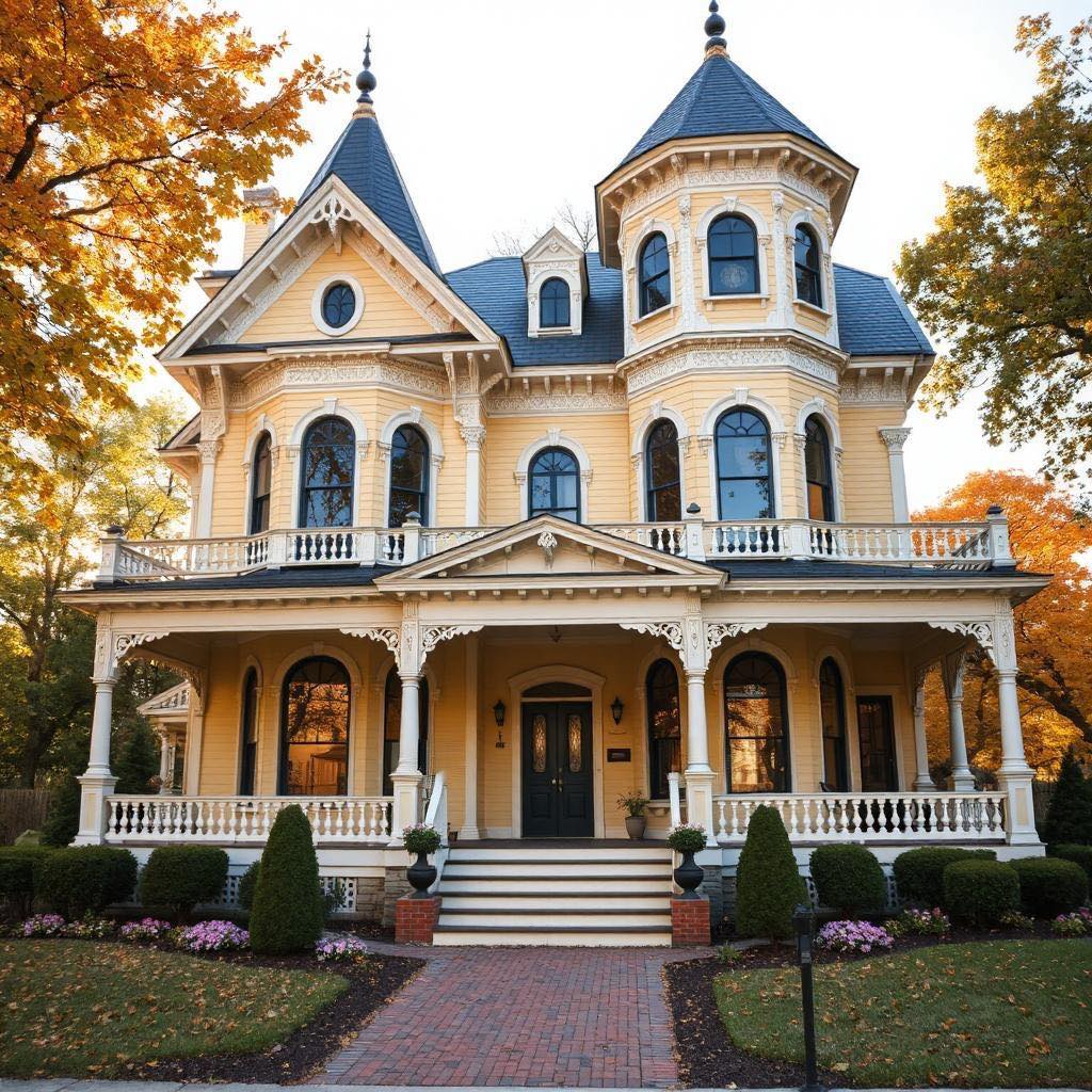 Grand Victorian mansion with blue roof, ornate trim, wraparound porch, and autumn trees