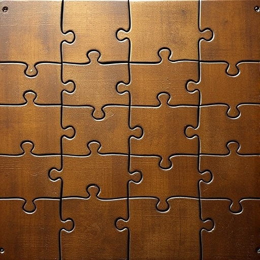 Close-up of wooden jigsaw puzzle pieces with warm brown grain texture