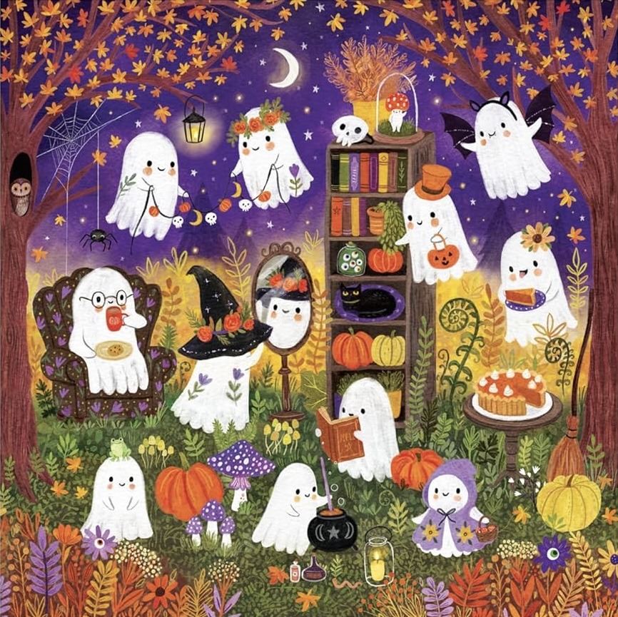 Cute cartoon ghosts surrounding a bookshelf with pumpkins and Halloween decorations under a crescent moon and stars