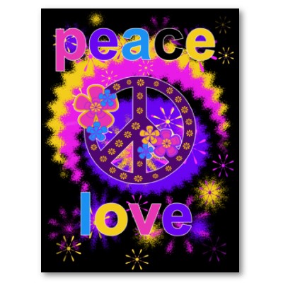 Retro peace sign with flowers, 'peace' and 'love' text in vivid pink, purple, yellow and blue on black background