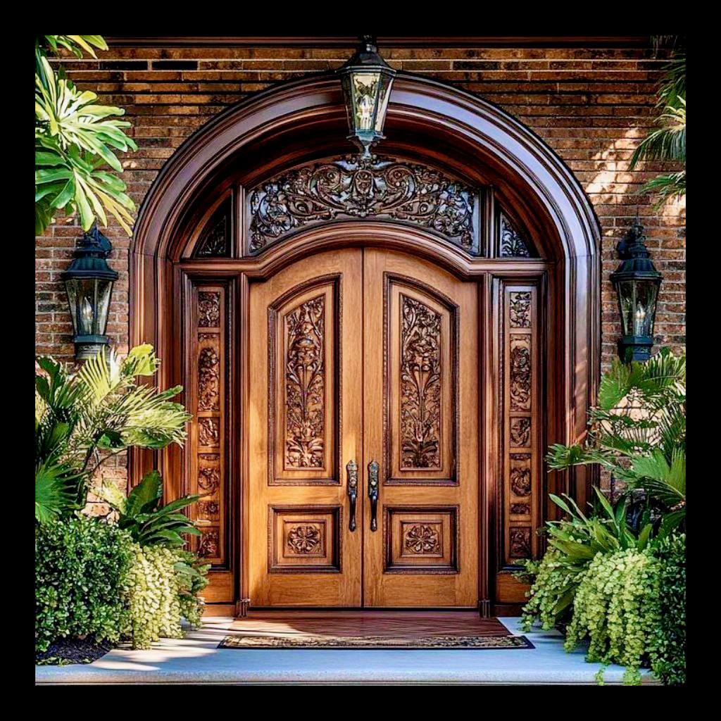 Ornate carved wooden arched double door with lanterns and tropical plants on a brick building