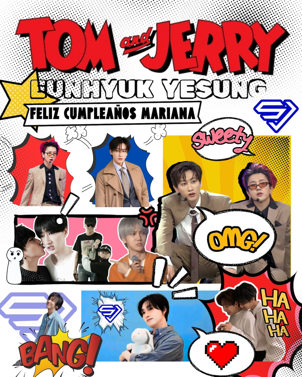 Fan-made collage of K-pop idols Yesung and Eunhyuk with Tom and Jerry graphics and decorative stickers