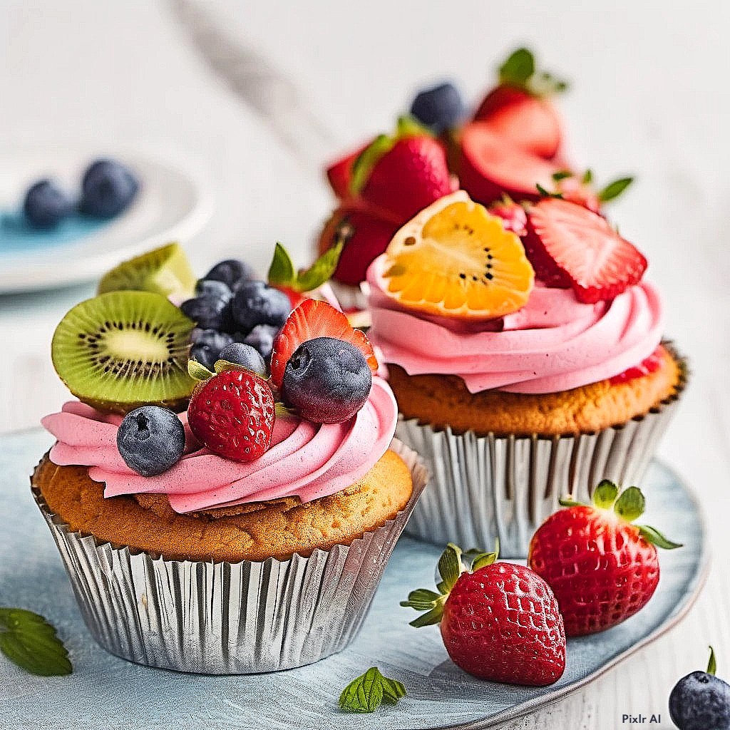 Three cupcakes with pink frosting topped with strawberries, blueberries, and kiwi