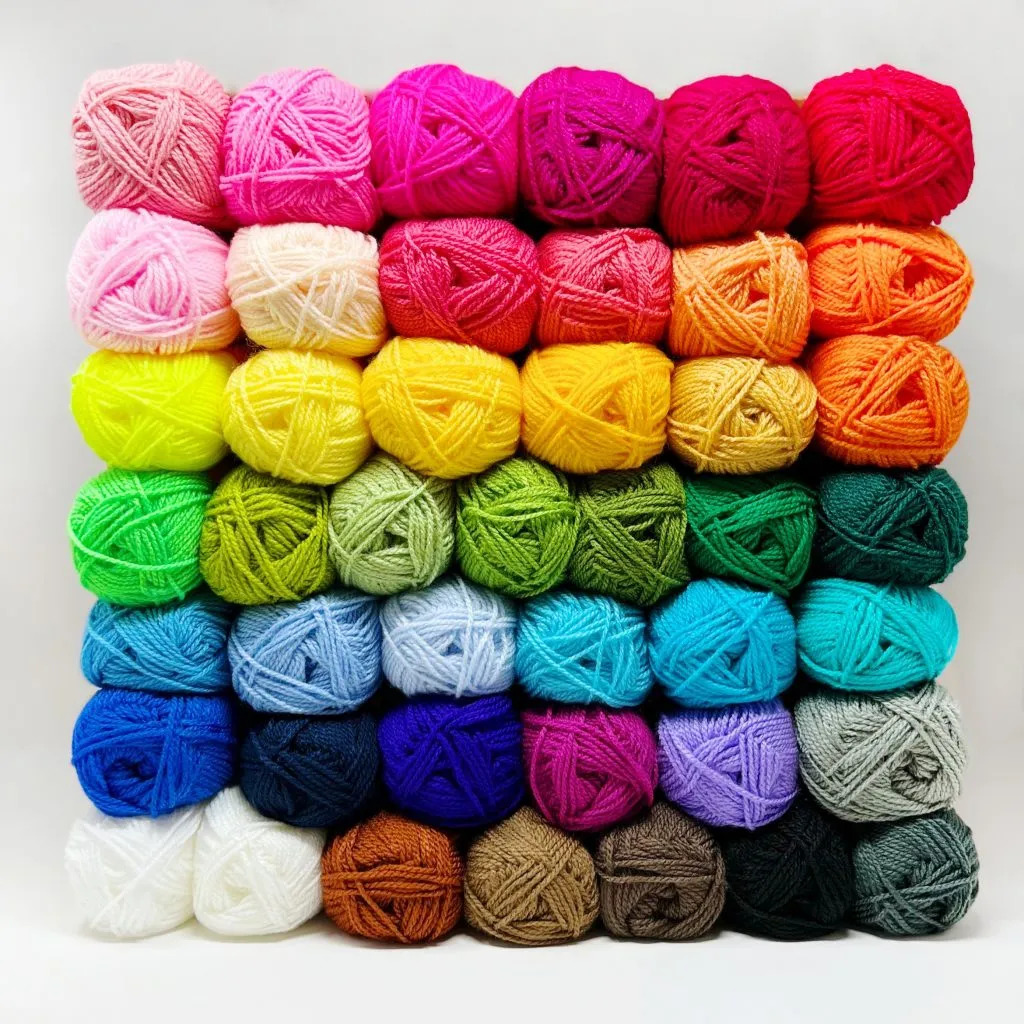Rows of colorful yarn balls arranged in a grid on a white background