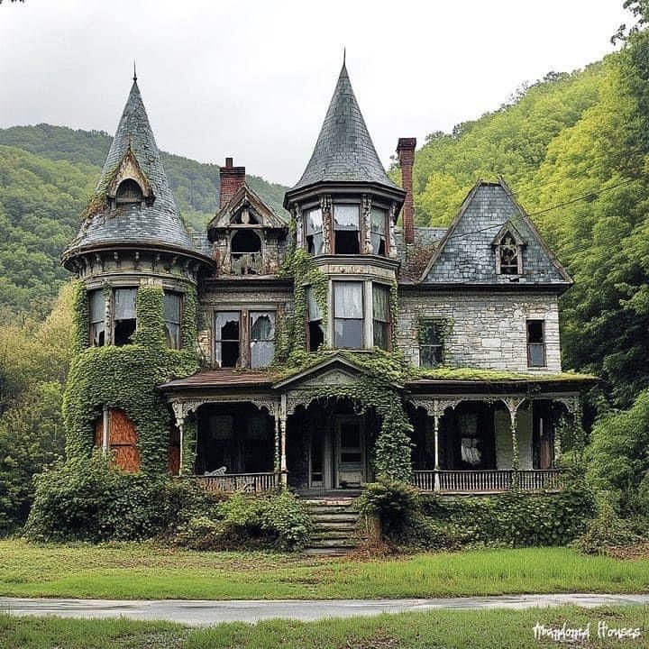 Abandoned Victorian mansion with turrets, broken windows, and ivy-covered stone facade in front of green forested hills