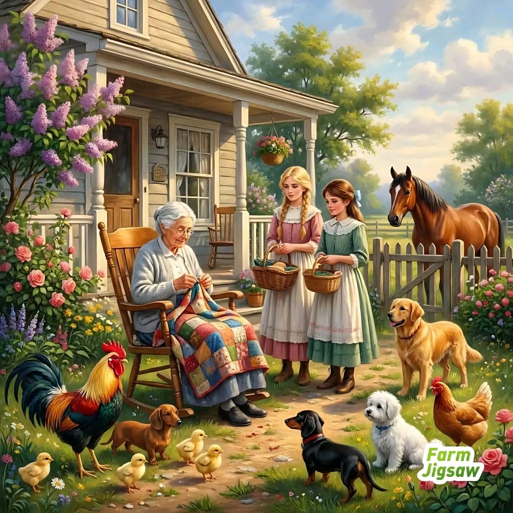 Grandmother and two girls feeding animals in front of yellow cottage with horse, dogs, chickens, and spring flowers