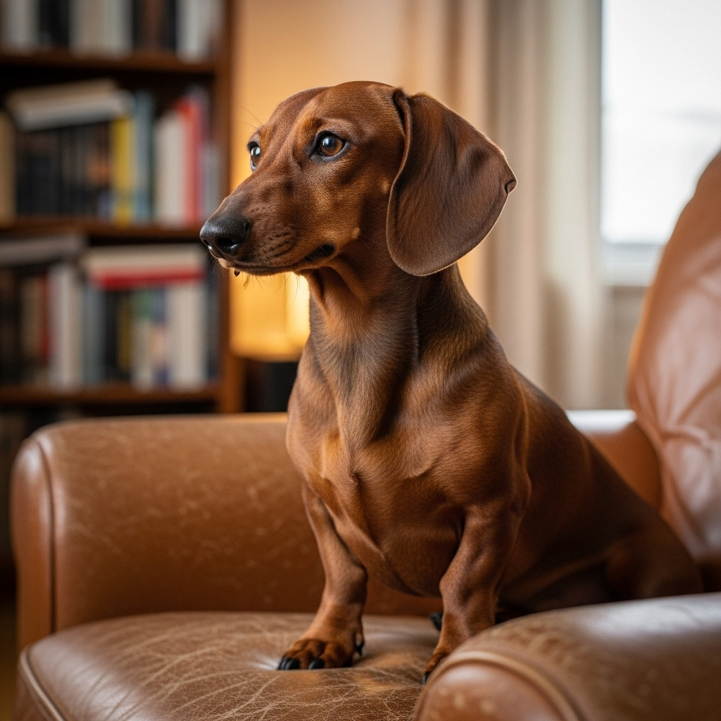 Brown dachshund sitting on tan leather couch looking to the side