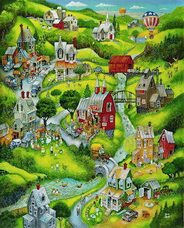 Folk art painting showing a charming village with colorful buildings nestled among rolling green hills and farmland