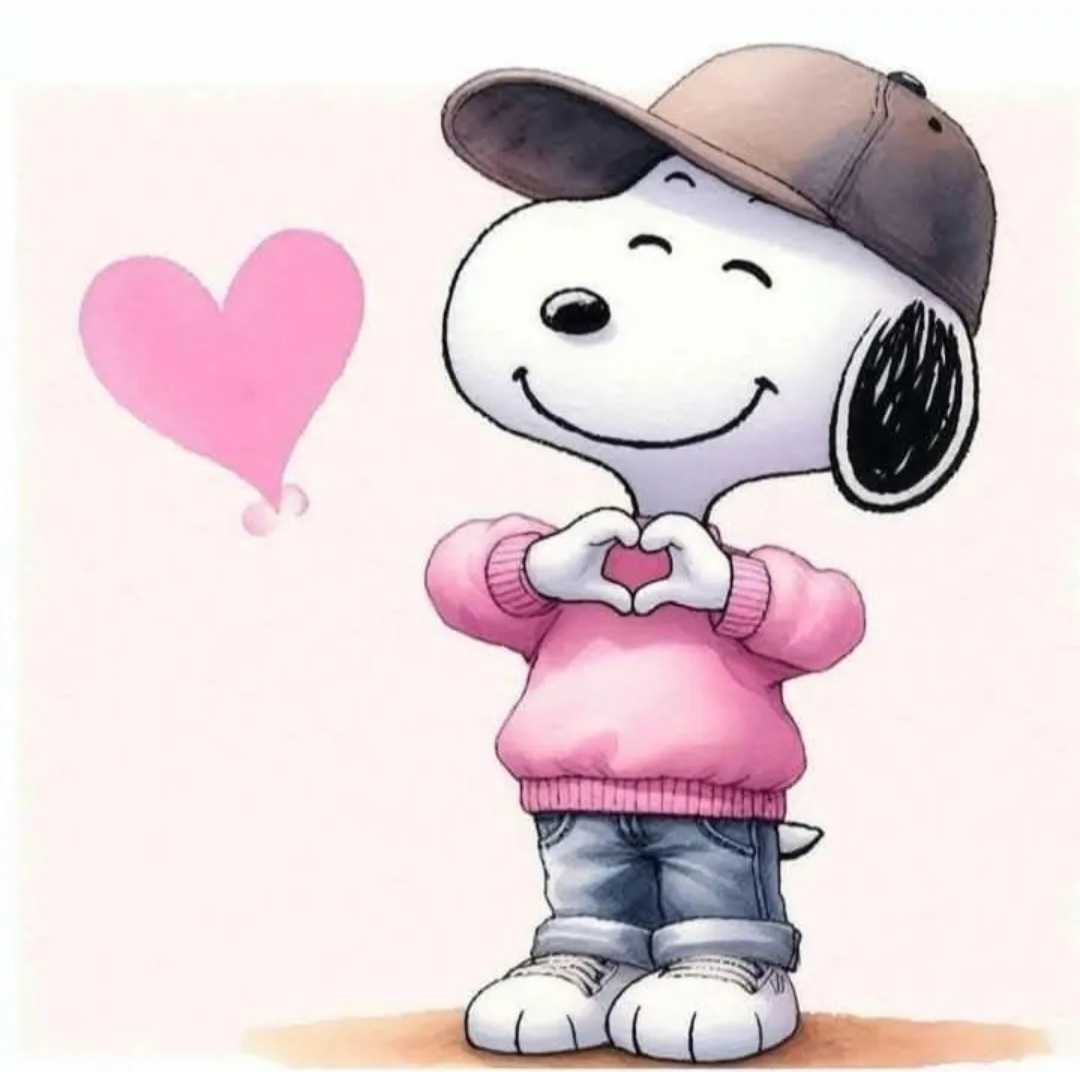 Snoopy cartoon character in pink sweater and cap winking with heart