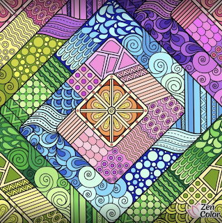 Diamond mandala with colorful zentangle patterns in pink, purple, blue, green, and yellow geometric sections