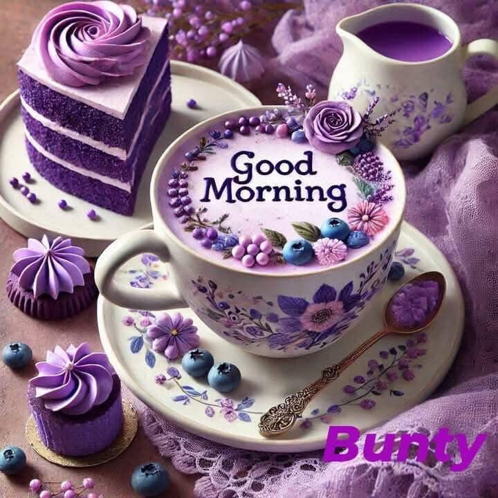 Purple coffee cup with Good Morning latte art surrounded by cake, meringues, and berries