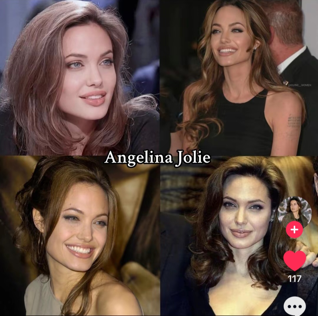 Collage of four photos of Angelina Jolie smiling at events
