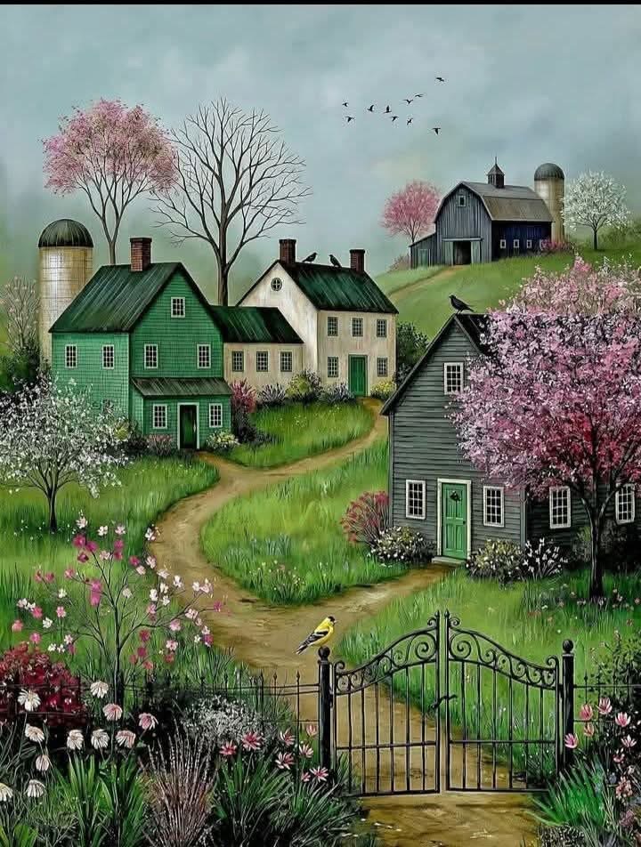 Naive art painting of a spring village with colorful houses, bloming trees, and a garden gate
