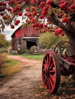 Red barn with apple tree full of ripe red aples and vintage wagon wheel along a dirt path